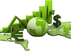 A green globe surrounded by green graphs and currency symbols on a map.