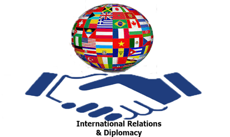 A logo for international relations and diplomacy with a handshake and a globe