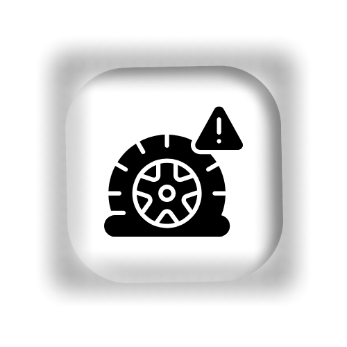 Flat tire warning icon. Black tire with exclamation mark above, on a white background.