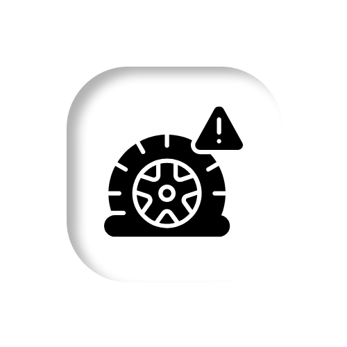 Flat tire warning icon. Black tire with exclamation point.