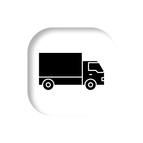 Black delivery truck icon on a white, rounded square background.
