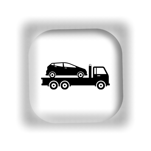 Tow truck carrying a car, black silhouette on white button.