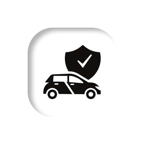 Car with shield and checkmark, representing car insurance.