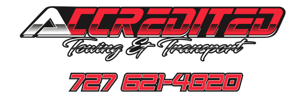 Logo of Accredited Towing & Transport with a phone number, in red and black.