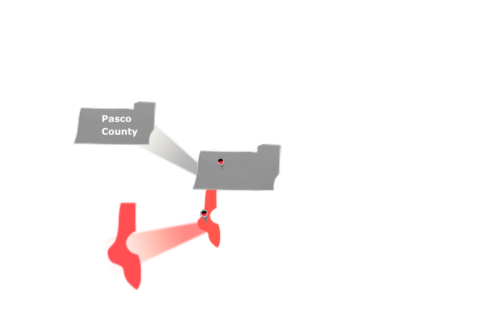 Map showing Pasco County, highlighted in gray, with red highlights indicating a location.