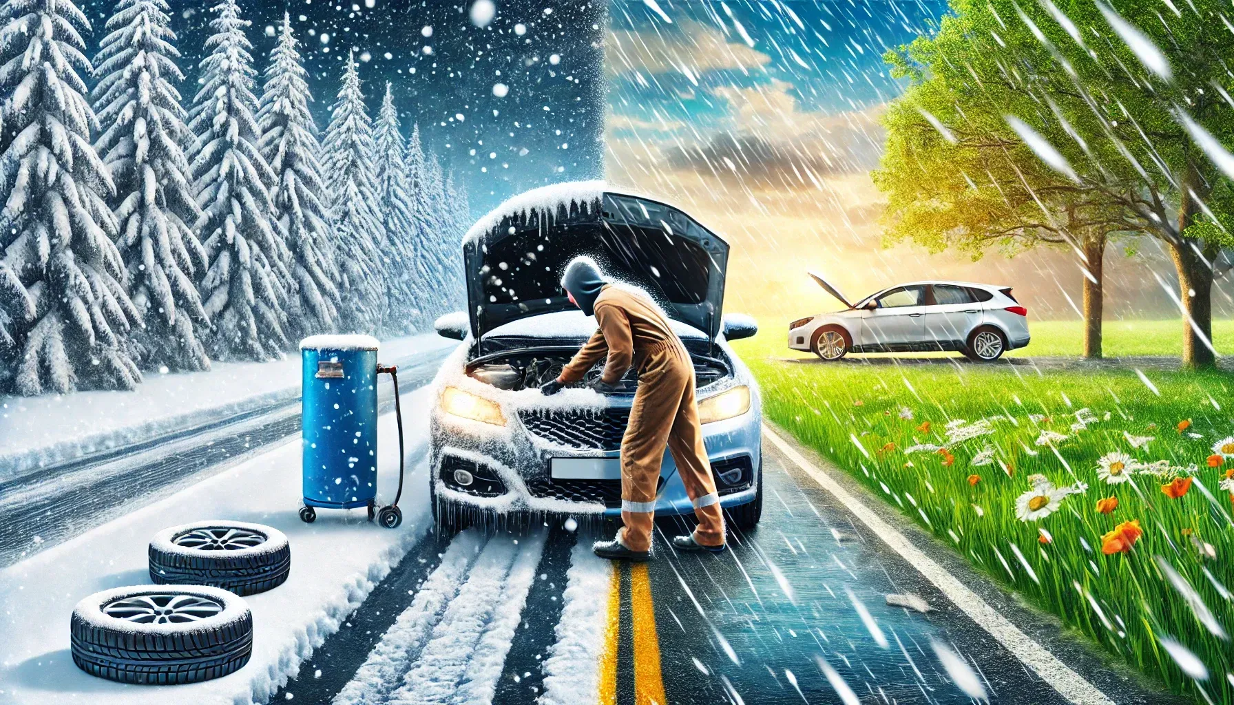 a car transitioning from winter to spring, with mechanics performing seasonal maintenance