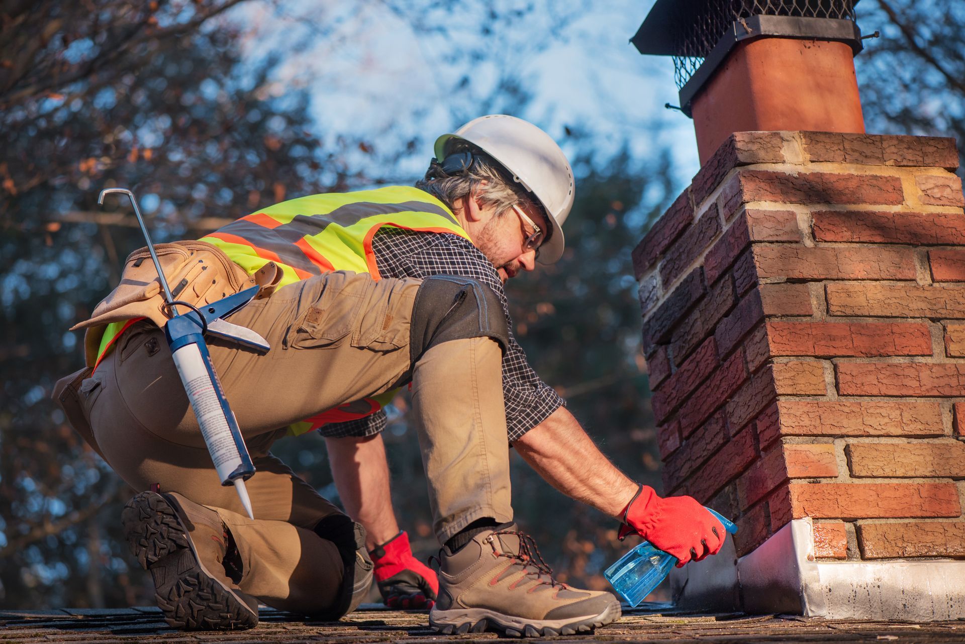 Construction worker repairing a chimney, kneeling on a rooftop. Wearing a hard hat and safety vest.