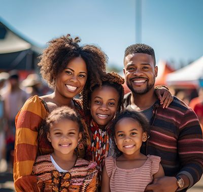 Smiling family of five at an outdoor event. They are in front of blurred stalls on a sunny day.