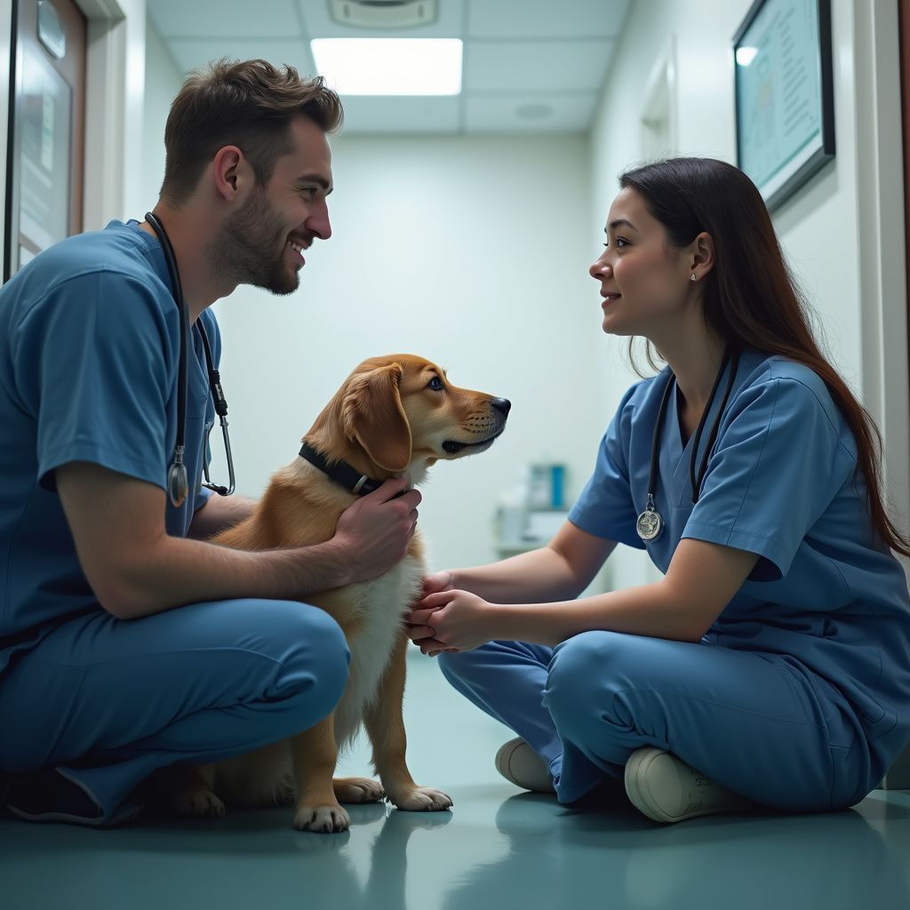 Two vets in scrubs examine a golden retriever in a veterinary clinic hallway.