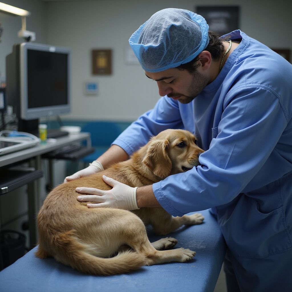 Veterinarian in blue scrubs examines a golden retriever on a blue exam table in a clinic.