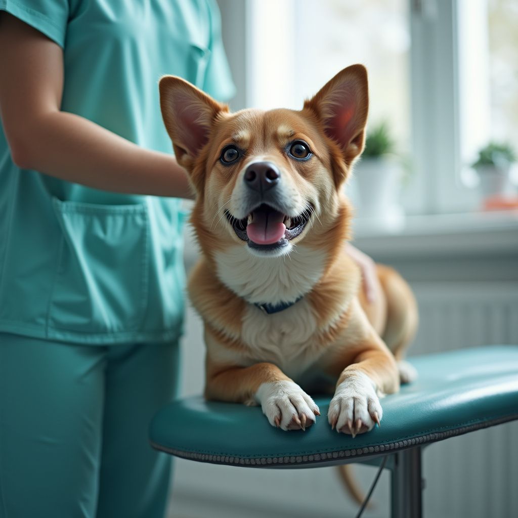Dog at vet's office, smiling with open mouth, on examination table. Vet in scrubs standing beside.