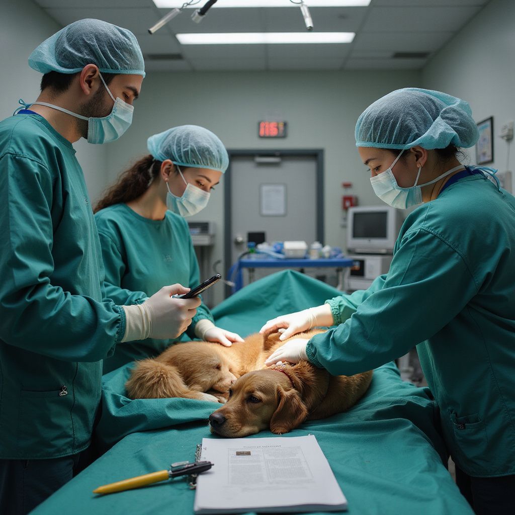 Veterinary surgical team operating on a golden retriever in a sterile operating room.