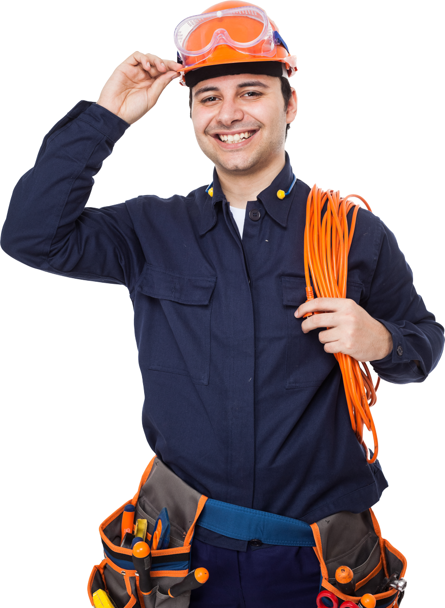Smiling electrician in blue uniform, holding orange wire and touching his hard hat.
