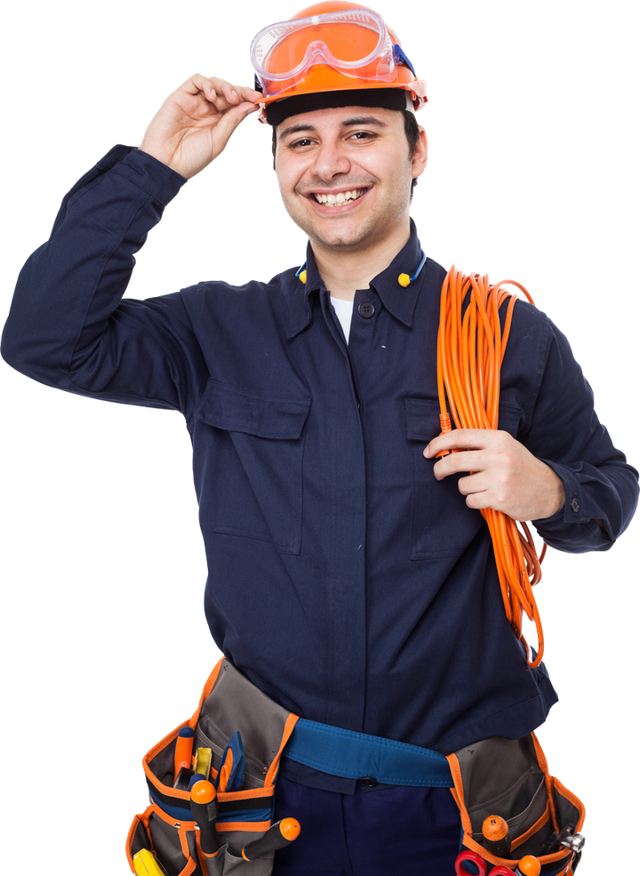 Smiling electrician in blue uniform, holding orange wire and touching his hard hat.