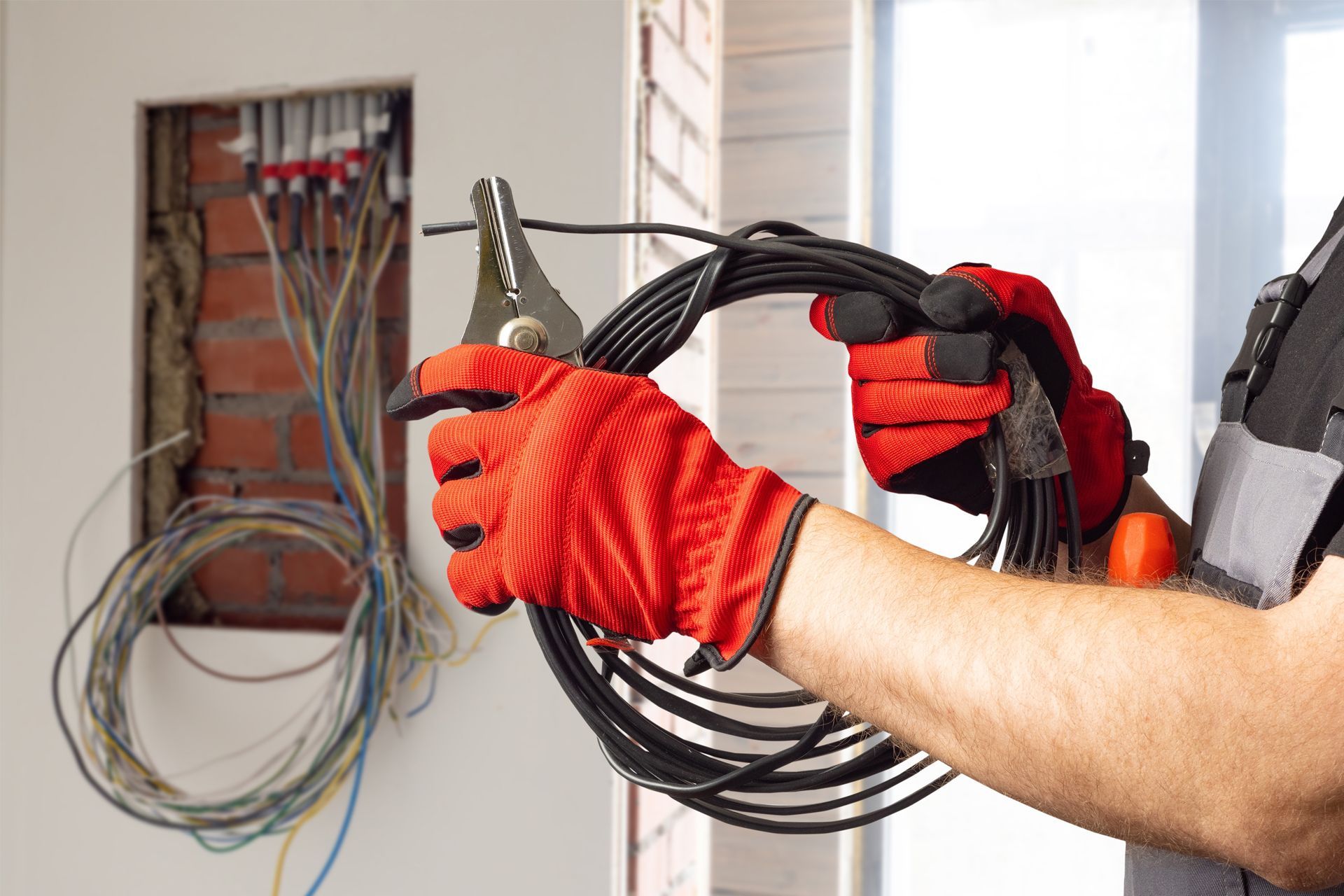 Electrician in red gloves, working with black wires and pliers, near an electrical box.