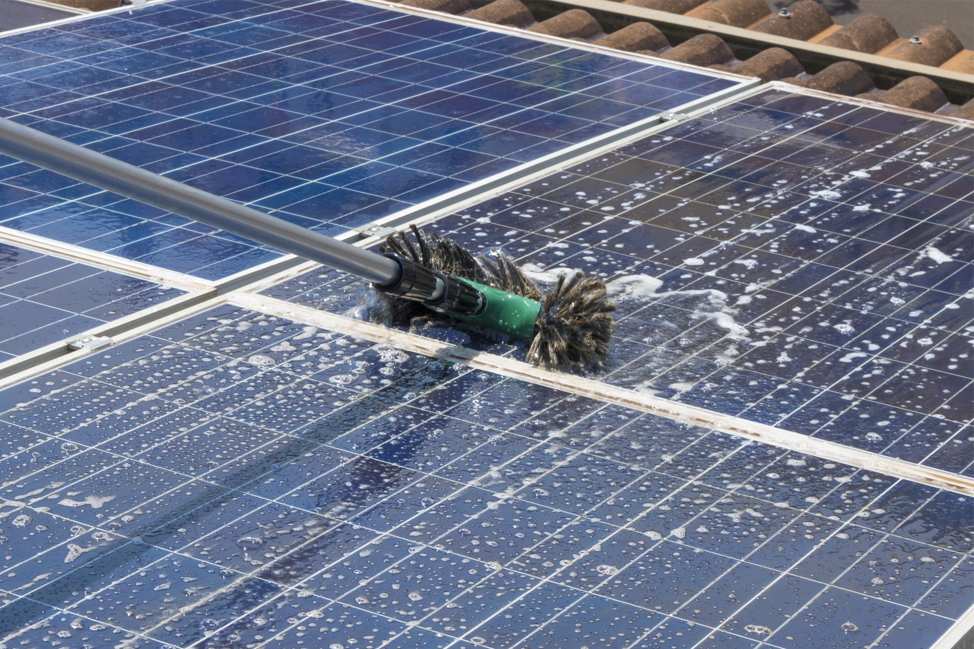 Solar panels being cleaned with a brush, soapy water visible on the blue cells.