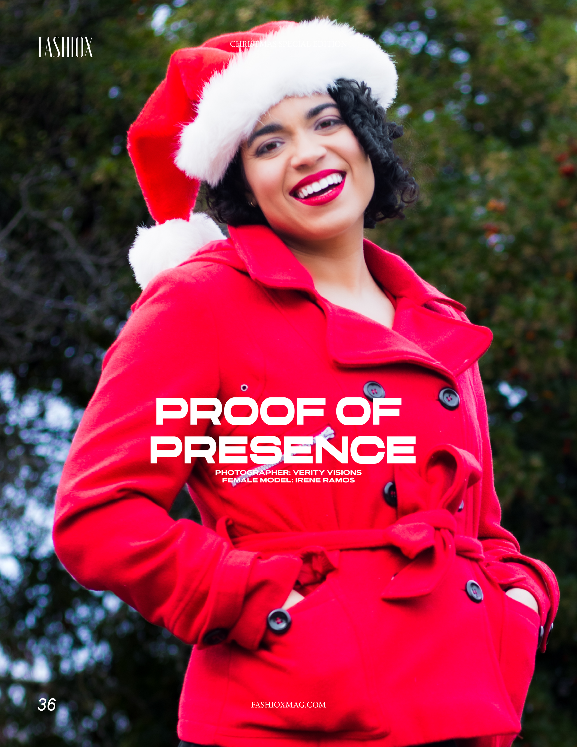 Model Irene Ramos wearing a red coat and Santa hat in a Christmas editorial published in Fashiox Magazine, photographed by Verity Visions.