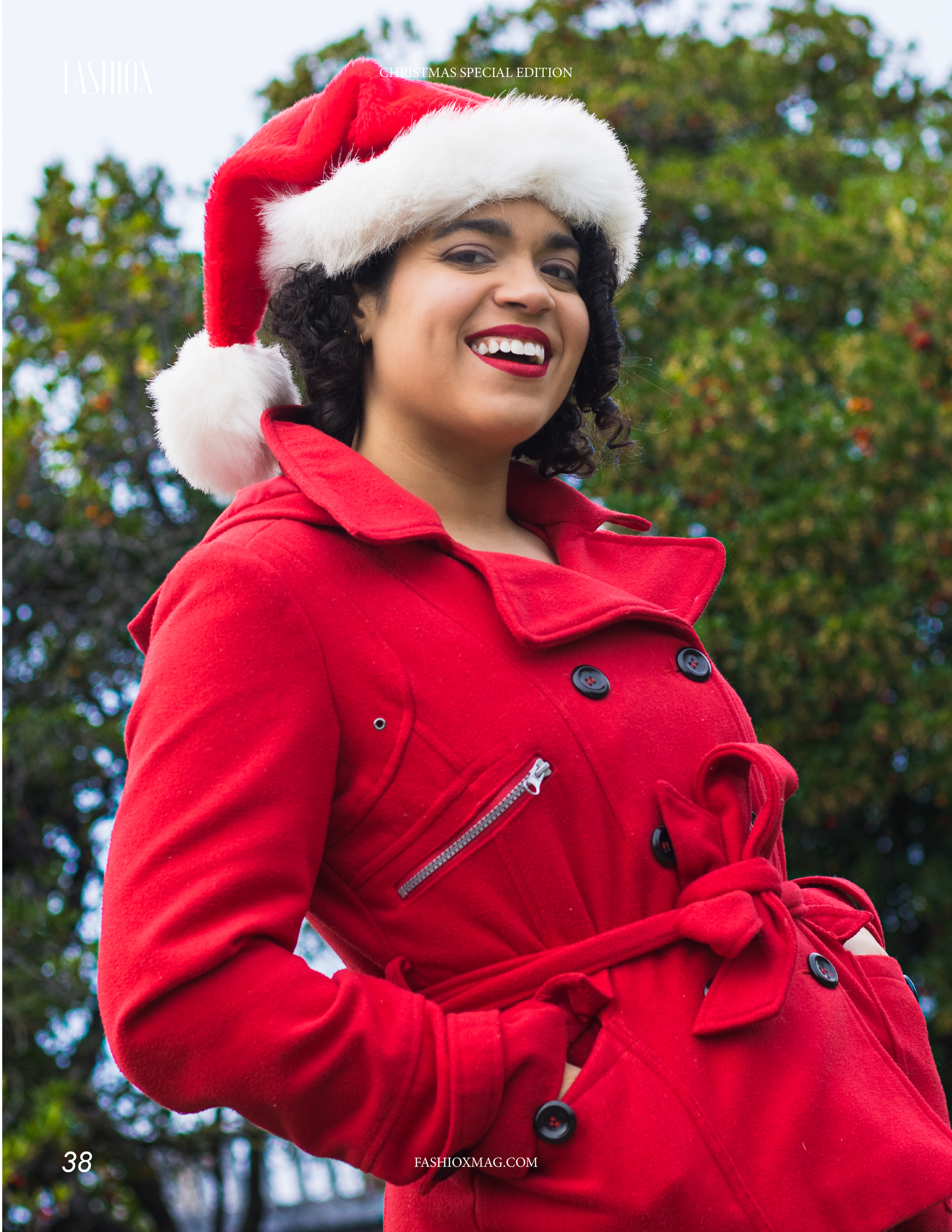 Outdoor Christmas fashion shoot featuring model Irene Ramos in a red coat, photographed for Fashiox Magazine by Verity Visions.