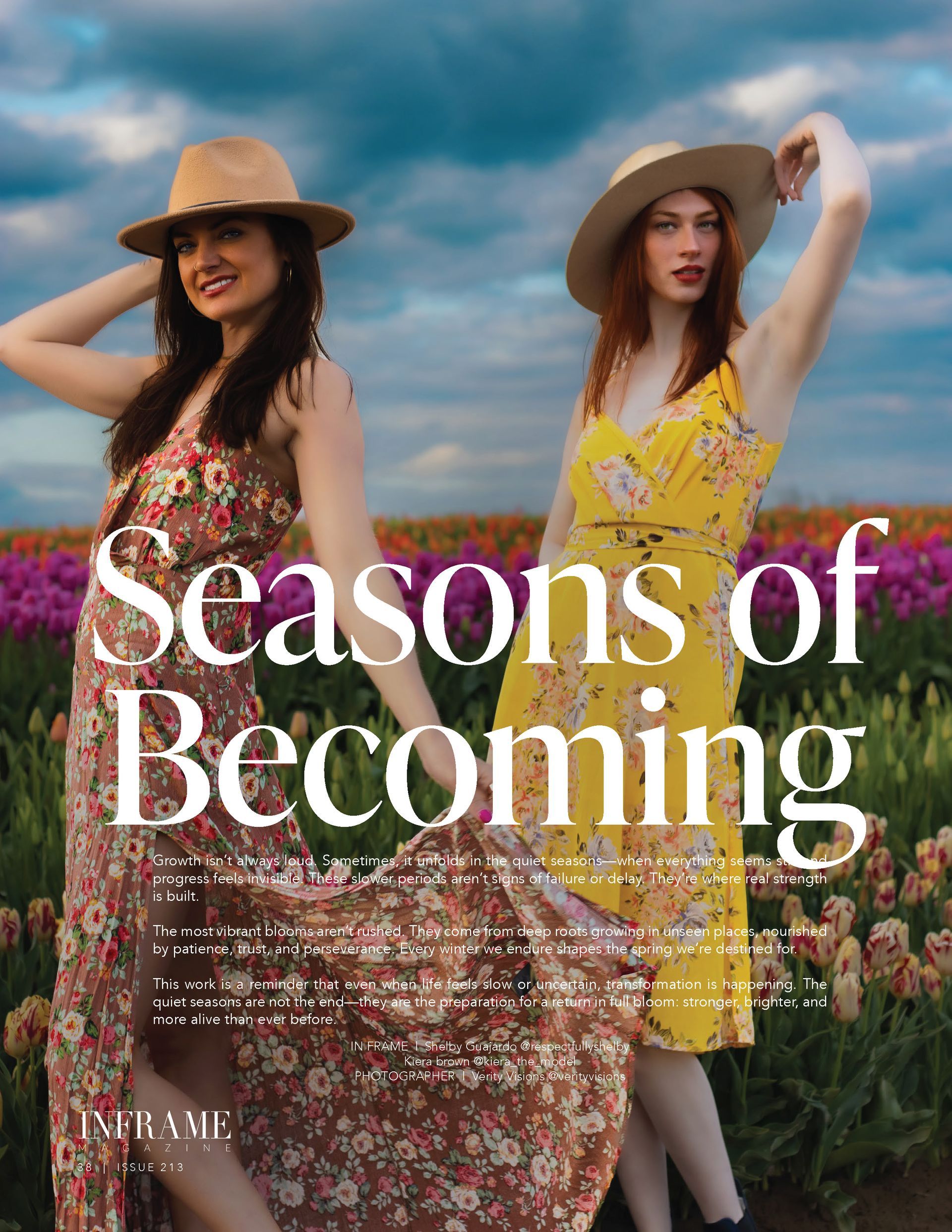Editorial portrait of models at the Wooden Shoe Tulip Farm in Oregon, featured in Inframe Magazine and photographed by Verity Visions.