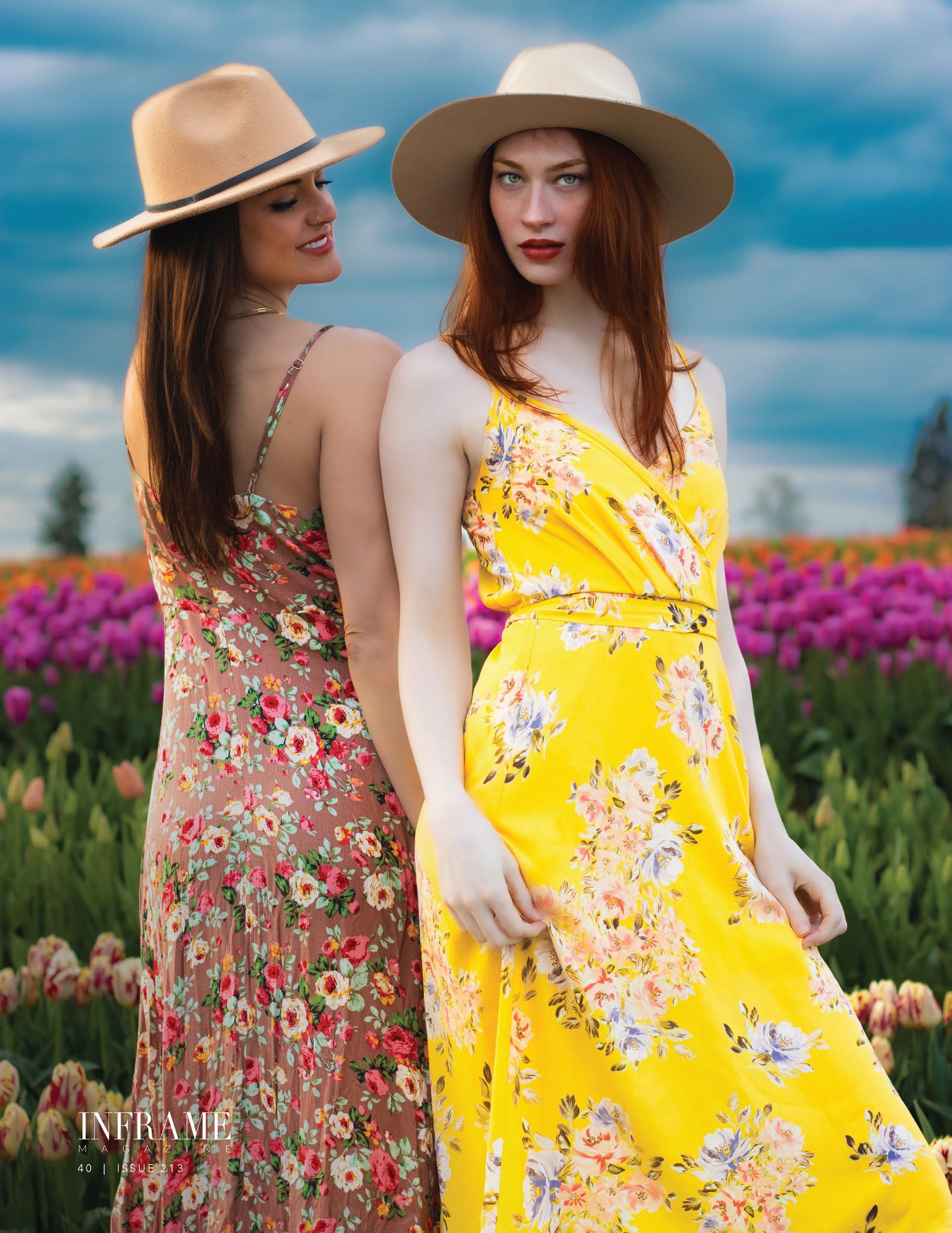 Editorial portrait of models at the Wooden Shoe Tulip Farm in Oregon, featured in Inframe Magazine and photographed by Verity Visions.