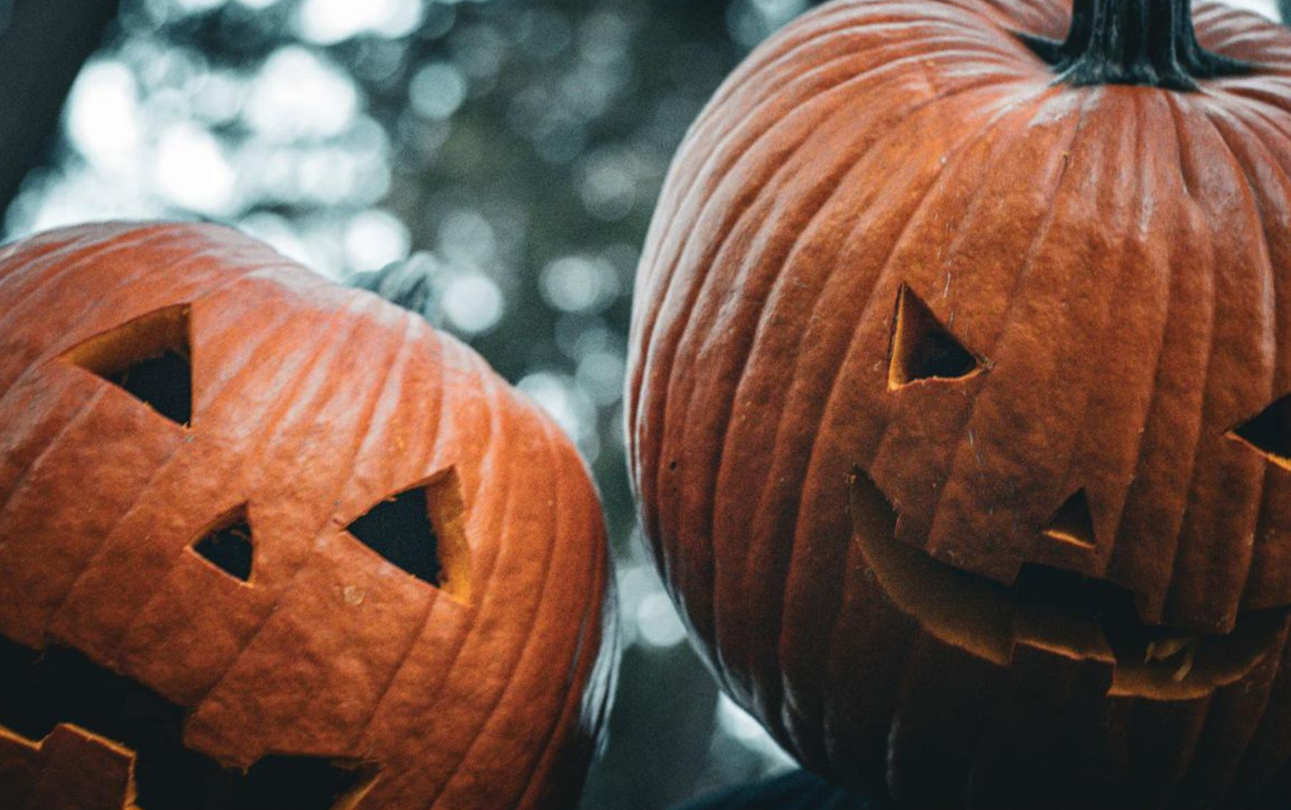 Couple wearing carved pumpkin heads posing in Pioneer Park, Stayton Oregon, during a spooky fall editorial photoshoot by Verity Visions. Featured in StyleCruze Magazine 2025.