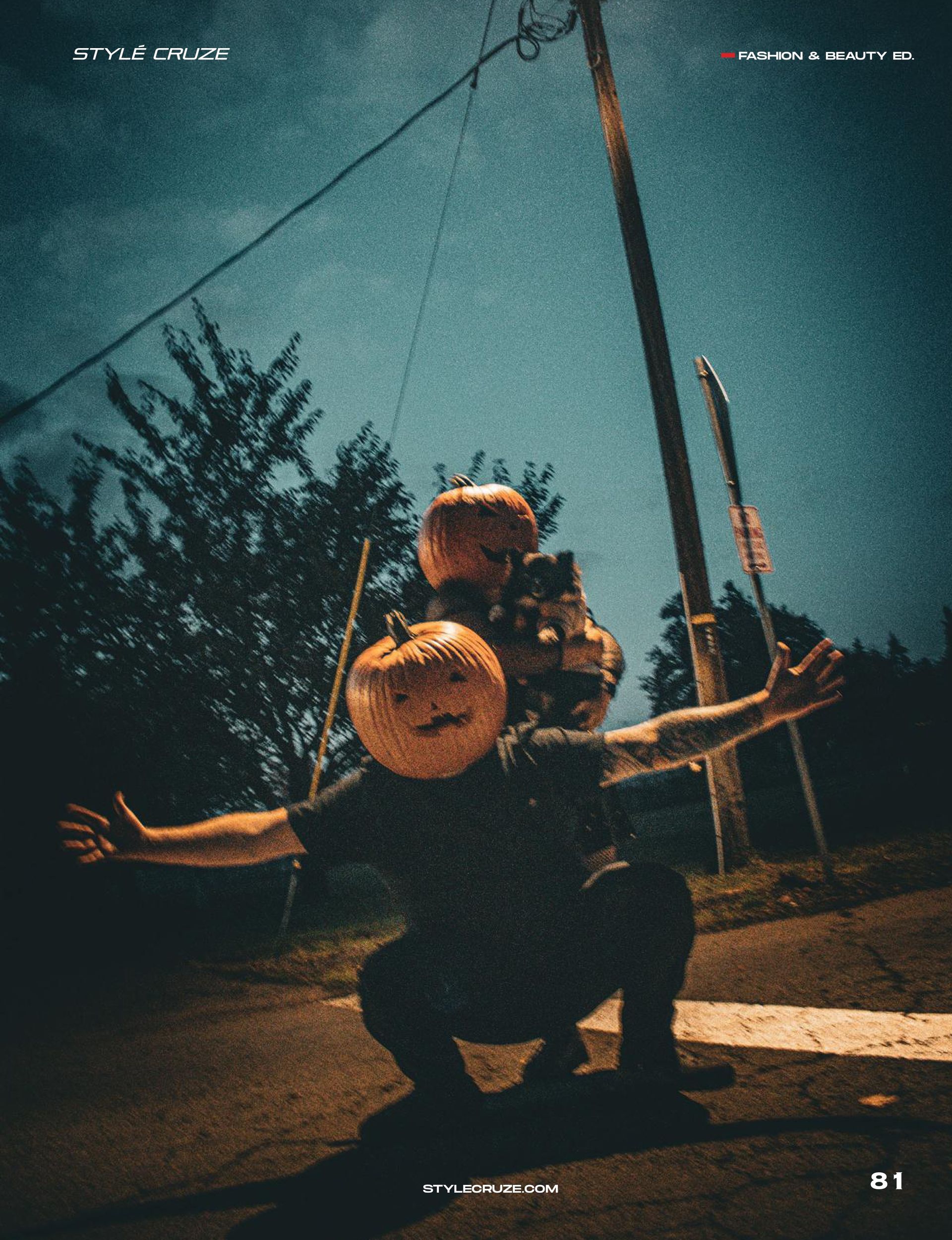 Couple wearing carved pumpkin heads posing in Pioneer Park, Stayton Oregon, during a spooky fall editorial photoshoot by Verity Visions. Featured in StyleCruze Magazine 2025.