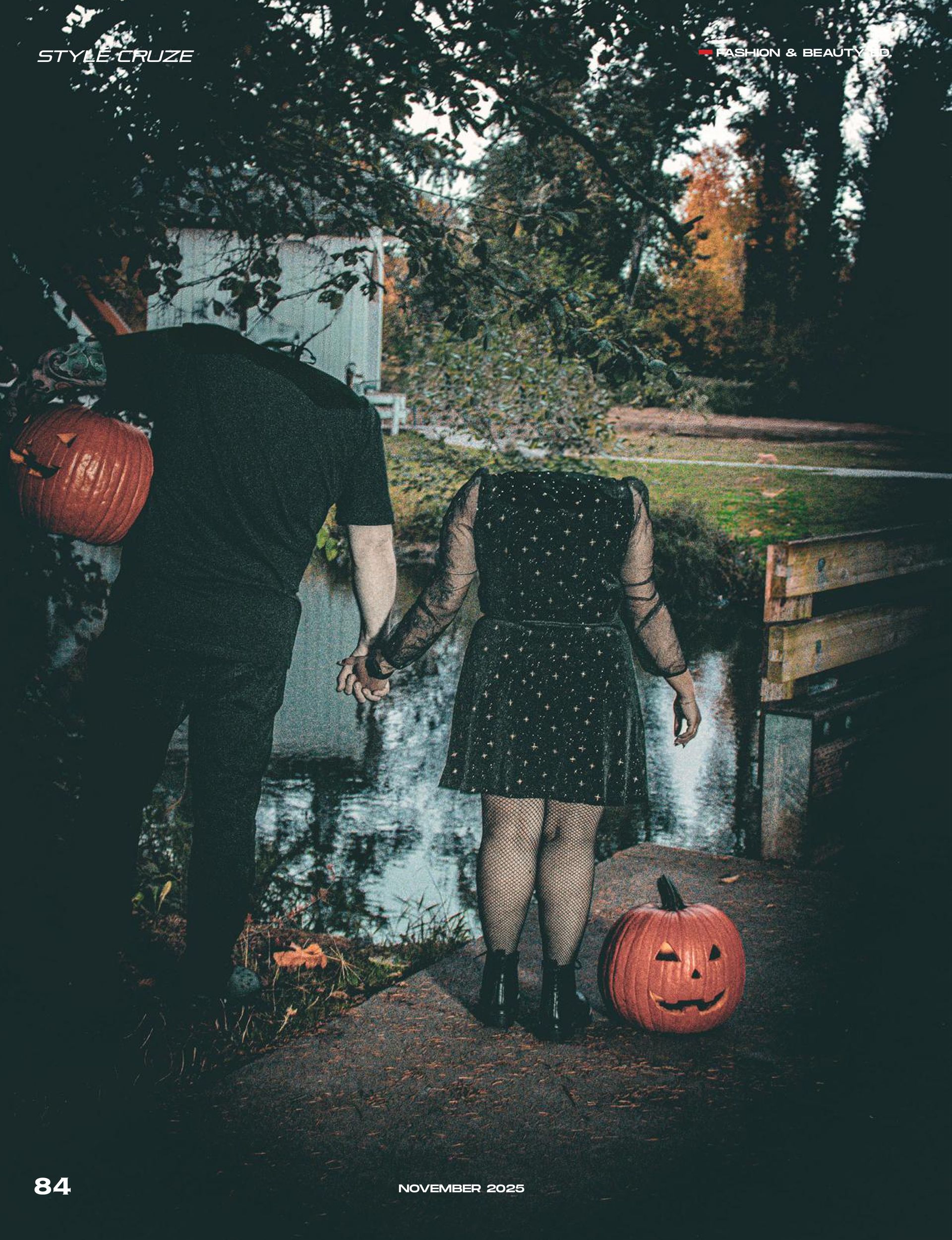 Couple wearing carved pumpkin heads posing in Pioneer Park, Stayton Oregon, during a spooky fall editorial photoshoot by Verity Visions. Featured in StyleCruze Magazine 2025.