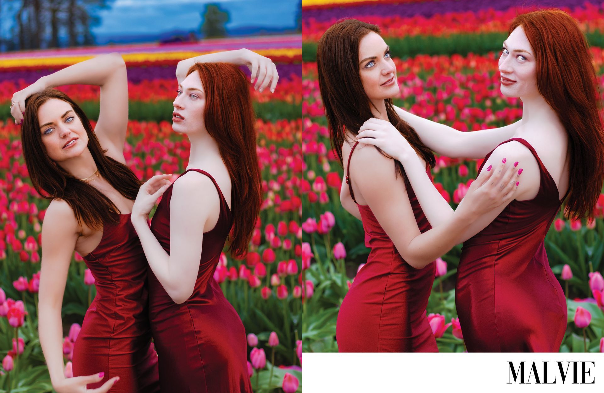 A luxury fashion editorial for Malvie Magazine photographed at the Wooden Shoe Tulip Farm in Oregon, featuring professional models and cinematic storytelling by Verity Visions.