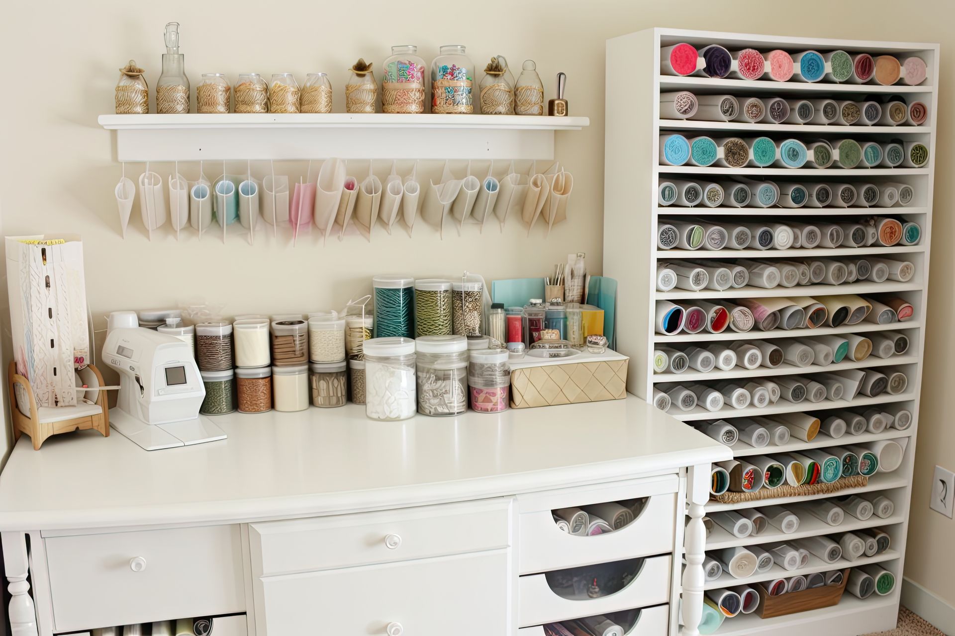 Custom drawers and shelves with sewing supplies in them