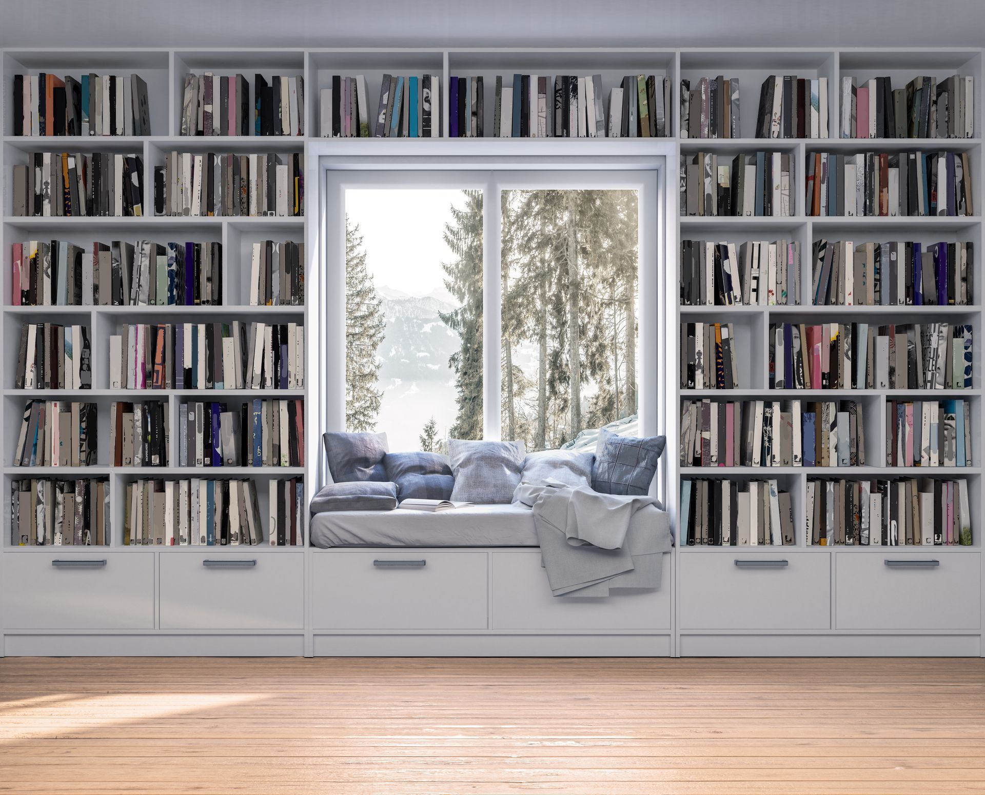 Window surrounded with book shelves and drawers below