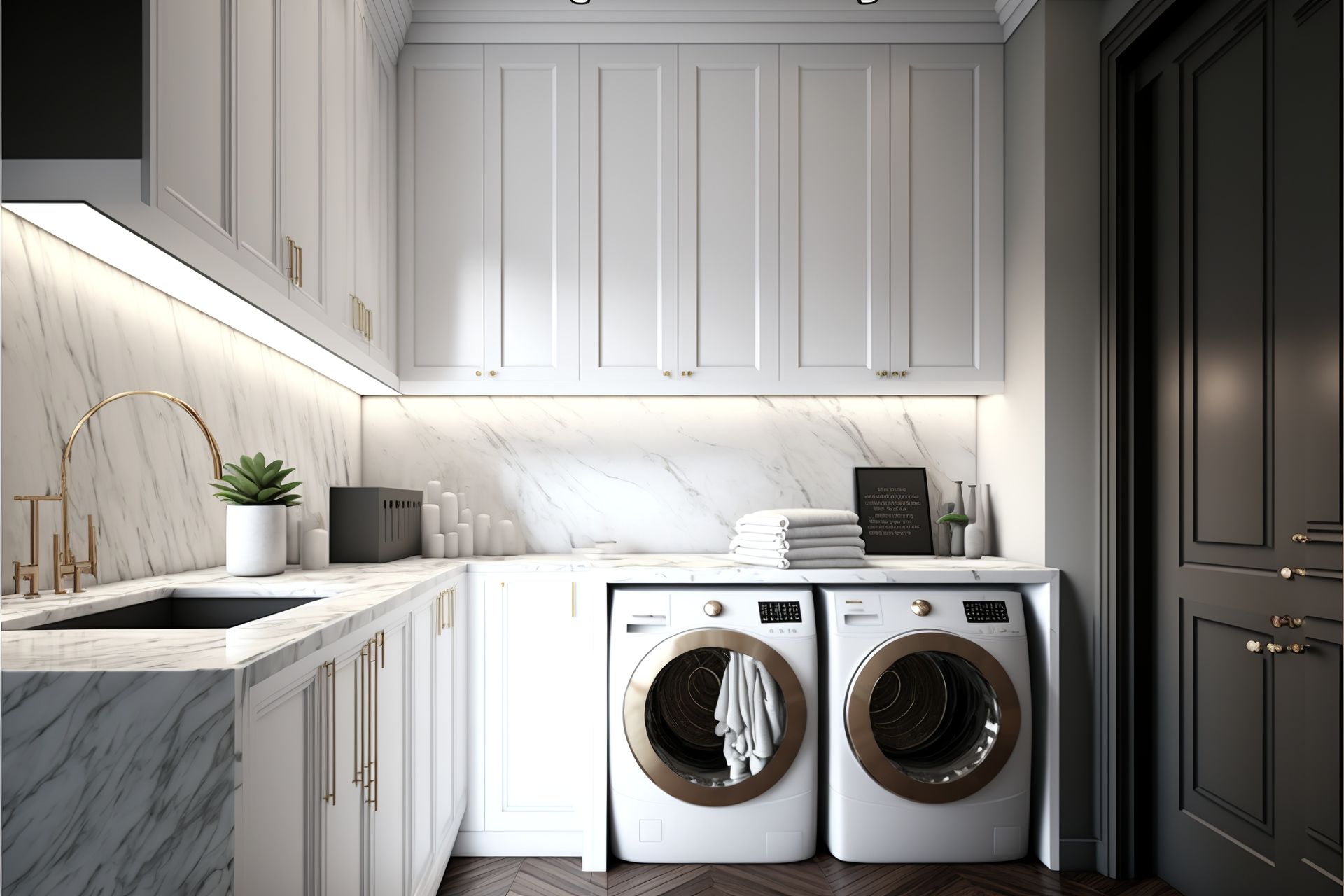 custom white laundry room cabinets with gold accents