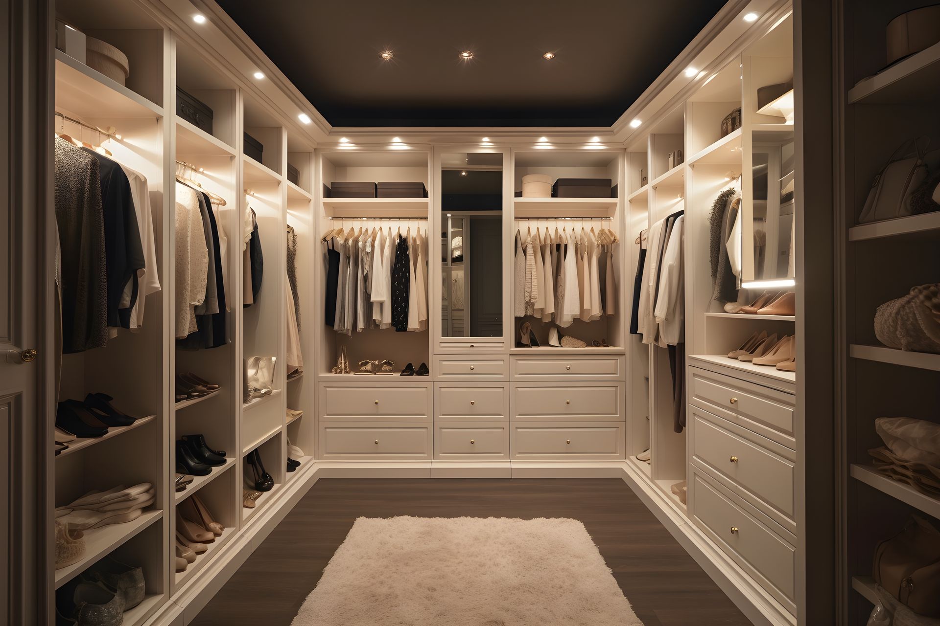 Beautiful white closet with custom lighting, hanging and drawers