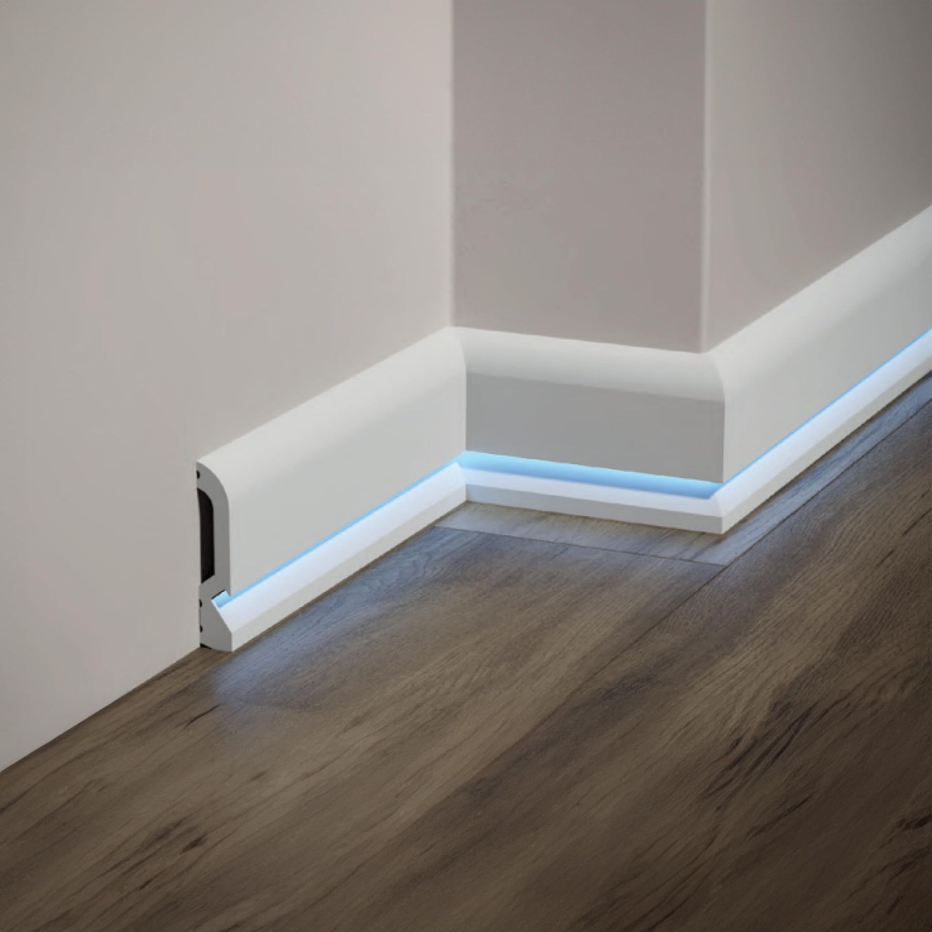 White baseboard with blue LED strip lighting along a corner above wood flooring