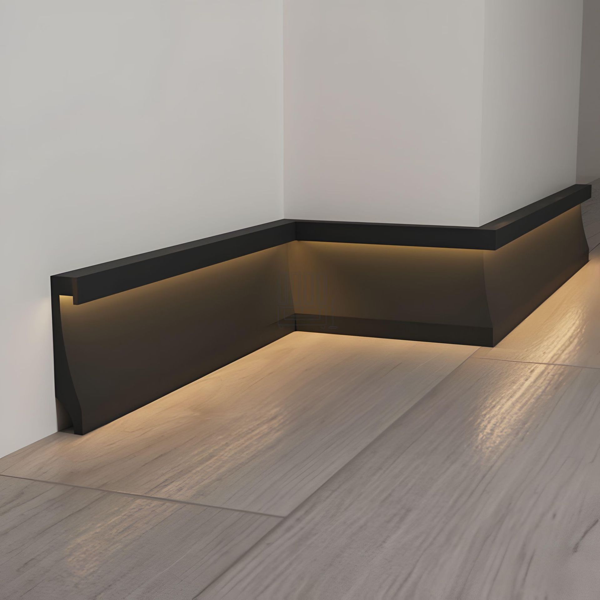 Black LED baseboard lighting along a white wall corner on a light wood floor