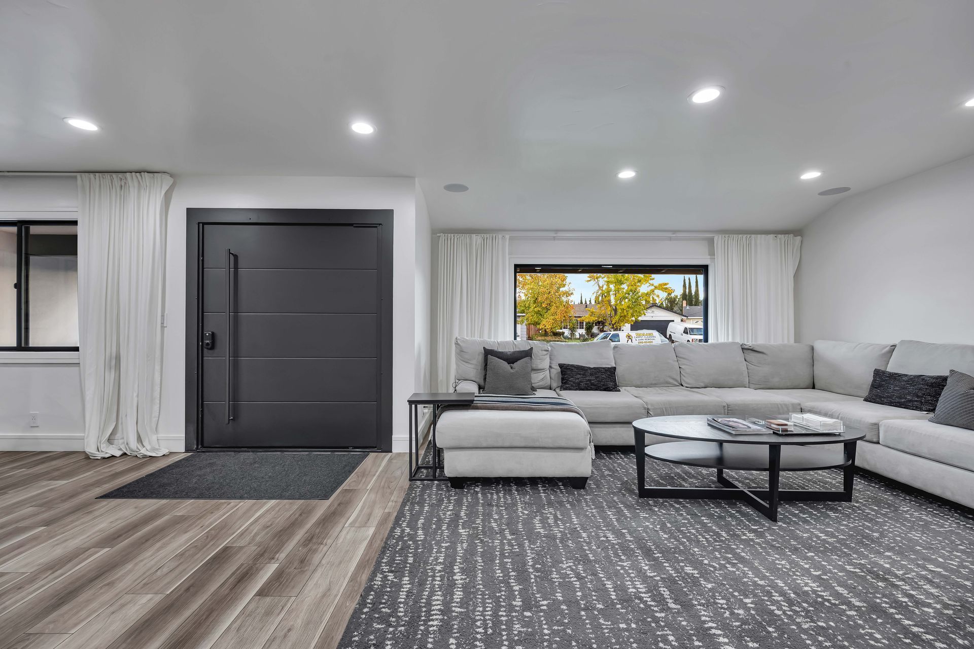Modern living room with gray sectional sofa, rug, and dark gray door.