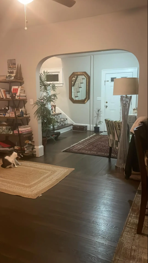 A living room with hardwood floors and a ceiling fan.