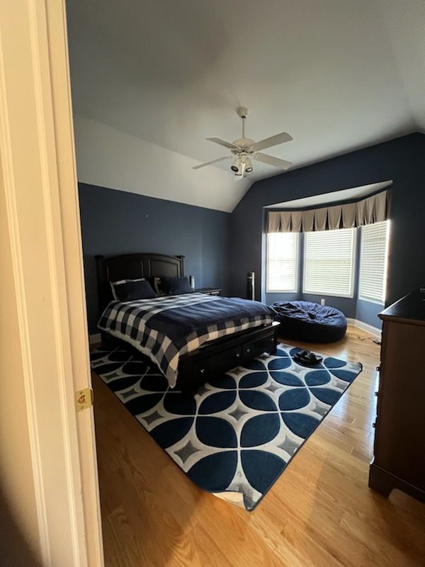 Bedroom with blue walls, bed, rug, dog bed, and wood floors.