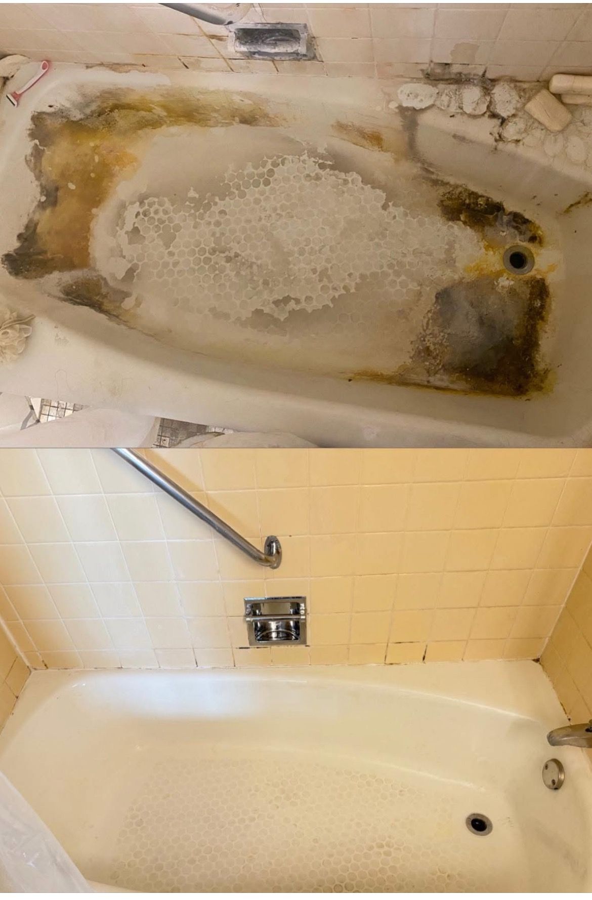 Before and after of a bathtub. Top: moldy, damaged. Bottom: cleaned, with grab bar, tiles.