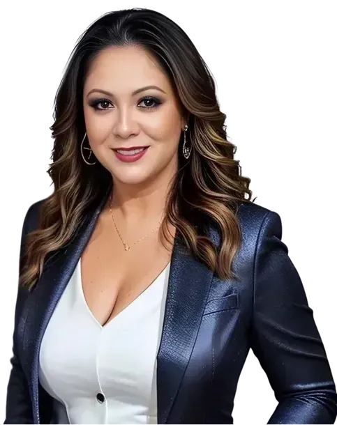 A woman is wearing a blue jacket and a white top.