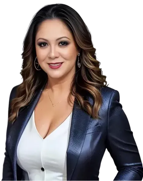 A woman is wearing a blue jacket and a white top.