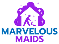 The logo for marvelous maids is purple and blue and shows a person cleaning a house.