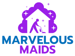 The logo for marvelous maids is purple and blue and shows a person cleaning a house.
