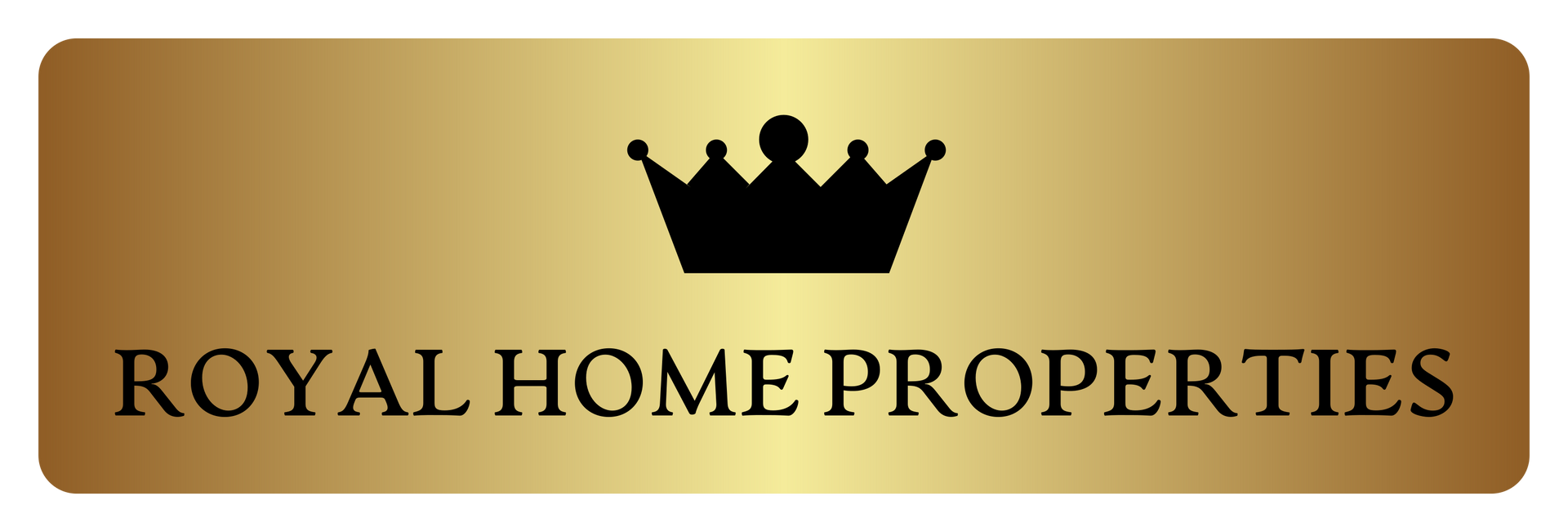 A logo for Royal Home Properties featuring a black crown icon above the black text on a gold, metallic-textured background.