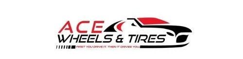 Logo for Ace Wheels & Tires, text above a car graphic; red, black, and white design.