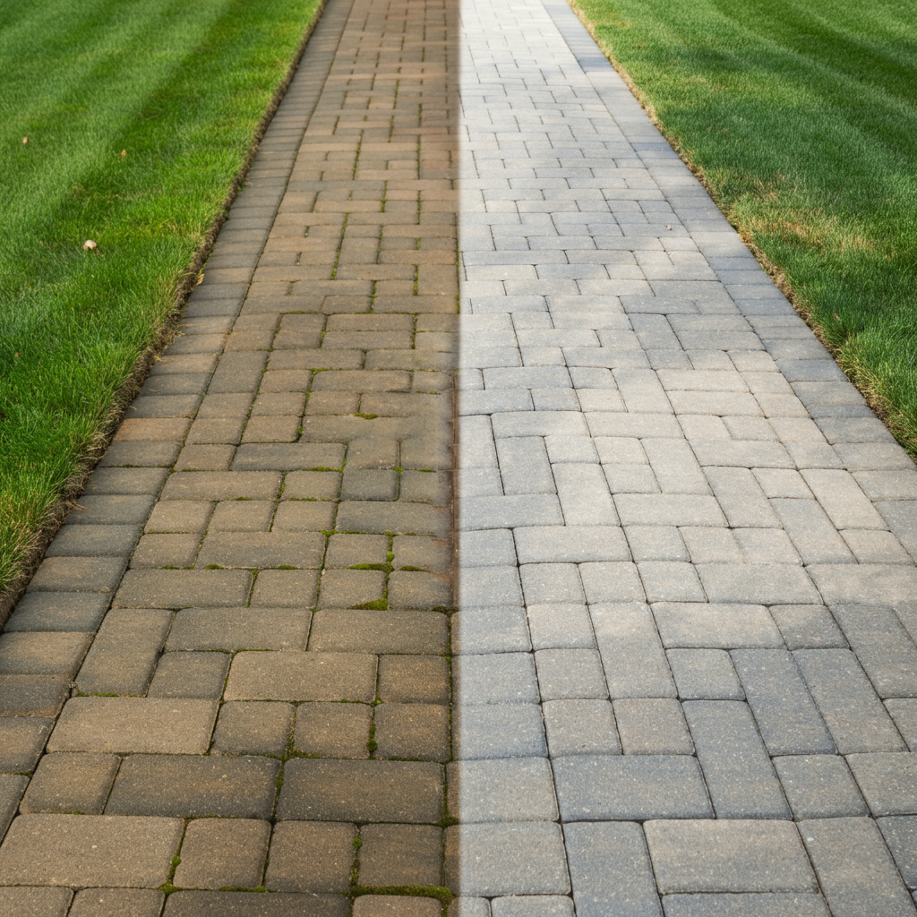 Paver walkway, half dirty and half cleaned, with green grass on both sides.