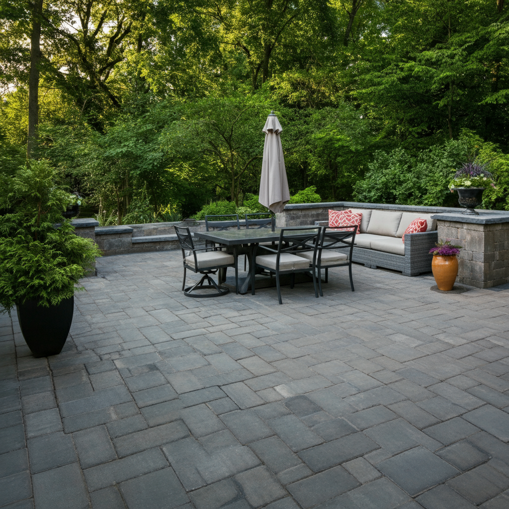 Patio with outdoor seating and umbrella, surrounded by lush greenery.