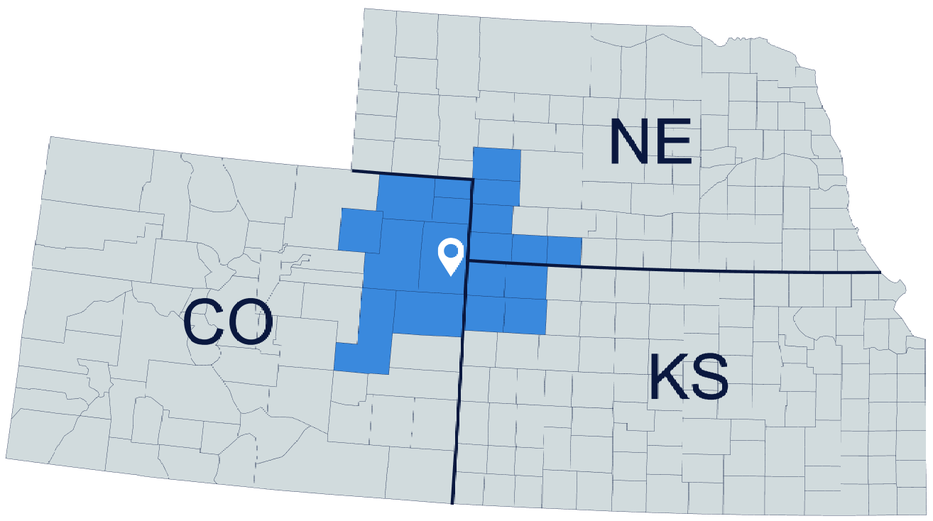 A map of nebraska with a blue square in the middle