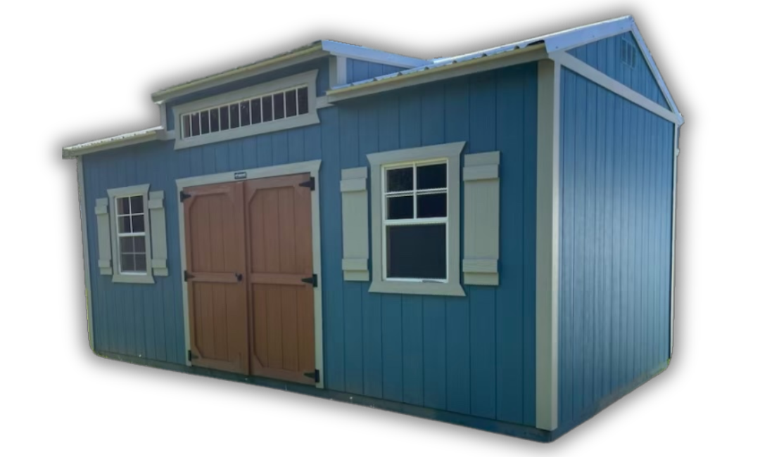 A blue shed with white shutters on the windows