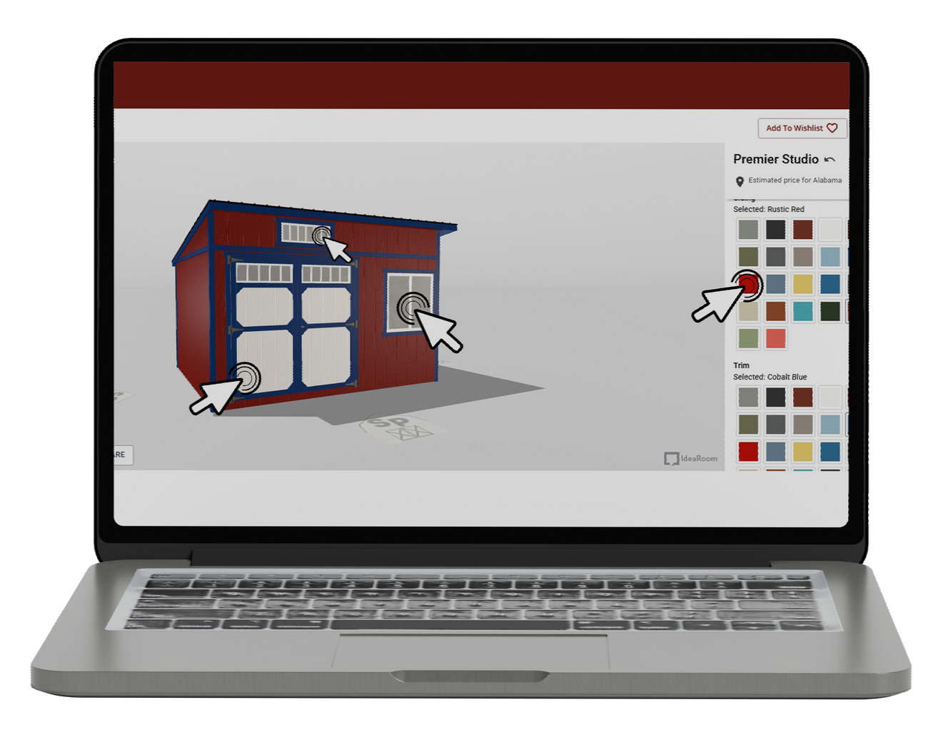 A laptop computer is open to a 3d model of a storage building