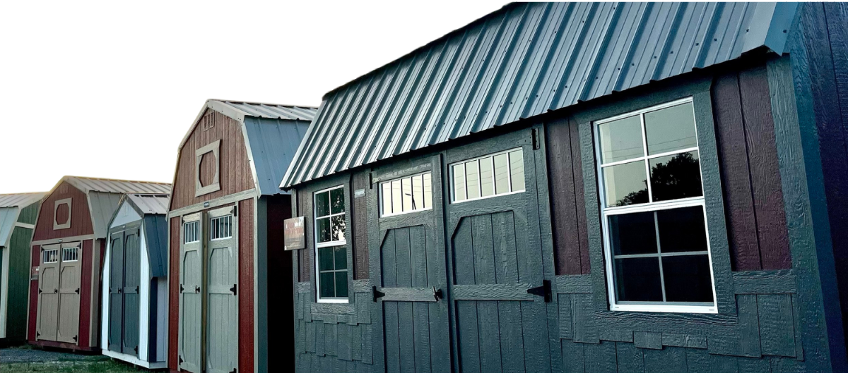 A row of colorful sheds are lined up in a row.